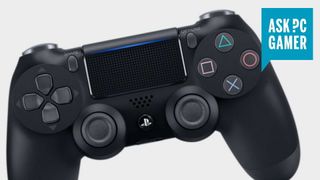 PlayStation 4 dualshock 4 controller with the Ask PC gamer logo in the top right, on a grey background