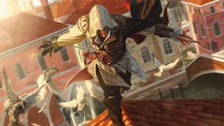 Ezio runs across a rooftop, startling birds.
