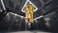 A photo of a quantum computer hanging from the ceiling of a clean room laboratory